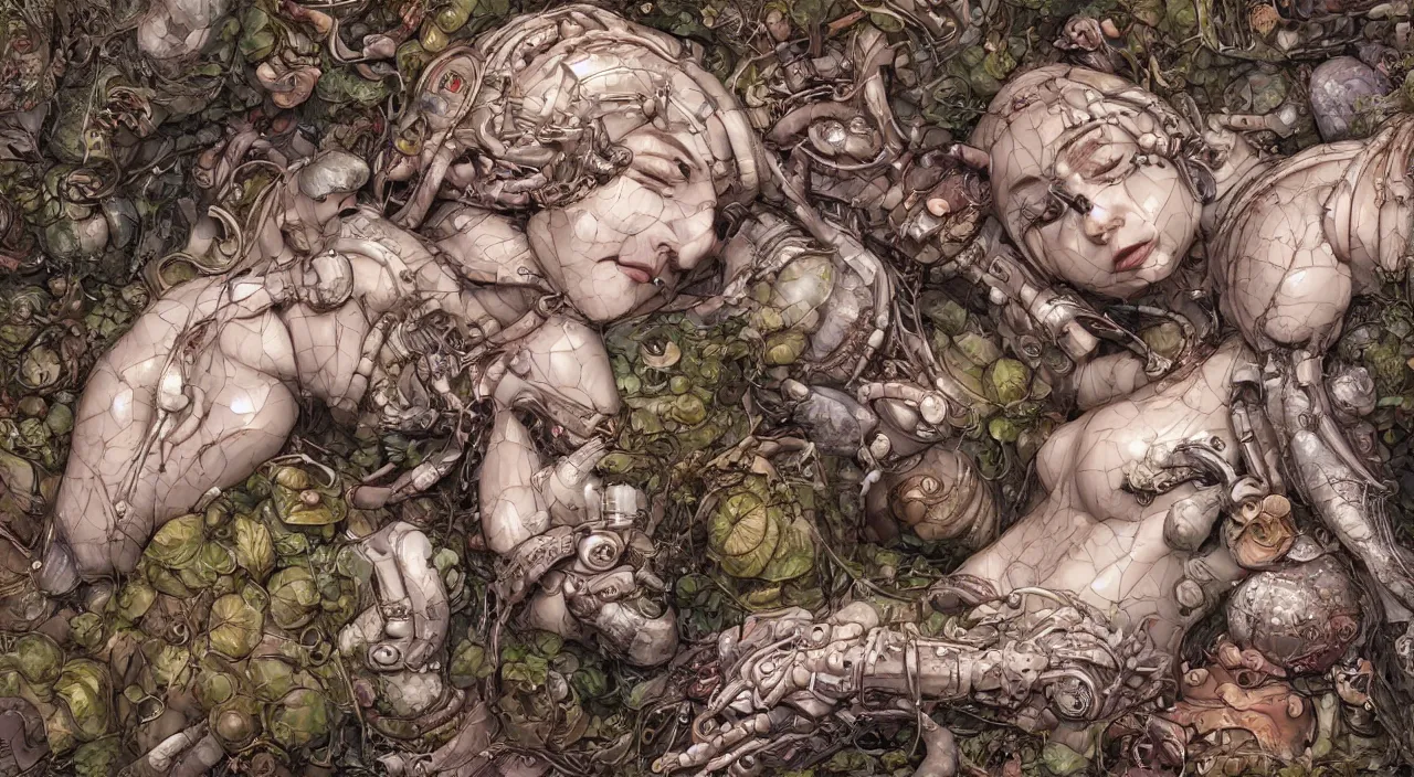 Image similar to a bio - mechanical pretty sleeping giant woman with mushrooms as camouflage highly detailed, cinematic, perfect face, cyberpunk, fine details, studio lighting, subtle shadows, art by katsuya terada, photo - realism, hyper realism, octane render