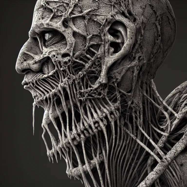 Prompt: ribbed spinal man face portrait, baroque painting, standing in a desolate empty wasteland, creepy, nightmare, dream-like heavy atmosphere, surreal abandoned buildings, beautiful detailed intricate insanely detailed octane render trending on Artstation, 8K artistic photography, photorealistic, chiaroscuro, Raphael, Caravaggio, Beksinski, Giger