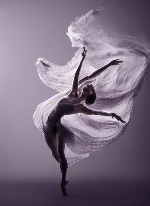 Image similar to a Photorealistic dramatic hyperrealistic render of a glamorous beautiful Female smoke dancer by Ken Brower and Deborah Ory of NYC Dance project,Lois Greenfield,Flowing cloth and smoke,Beautiful dynamic dramatic dark moody lighting,volumetric,shadows,cinematic atmosphere,Octane render,8K