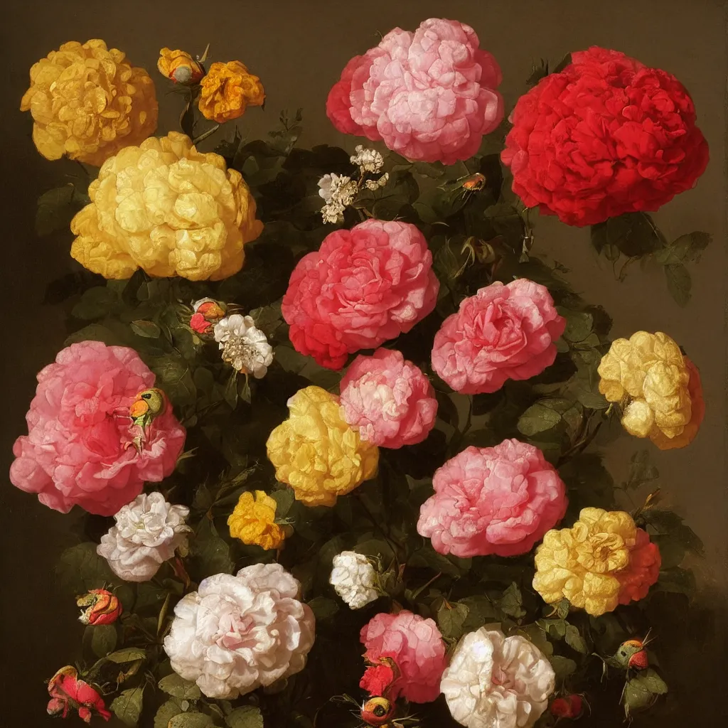 Prompt: a nosegay of roses, marigolds and a pigeon, by Rachel Ruysch, 1695