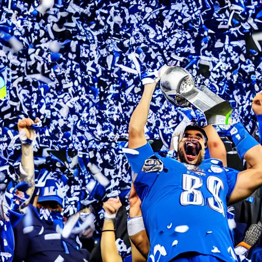 Prompt: detroit lions win the lombardi trophy, confetti, 8 k sports photography