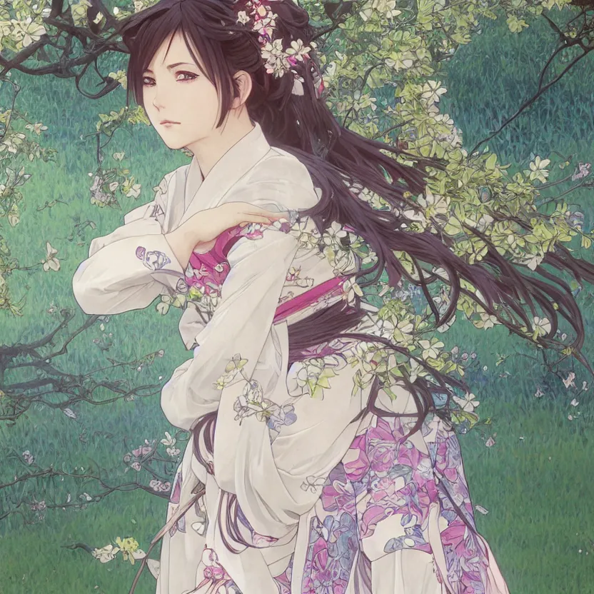 Prompt: portrait of a girl, sakura tree in background, yukata clothing, battlefield in background, anime style, short hair, hair down, symmetrical facial features, realistic hands, hyper realistic, 4 k, extreme detail, detailed drawing, trending artstation, realistic lighting, by alphonse mucha, greg rutkowski, sharp focus, backlit