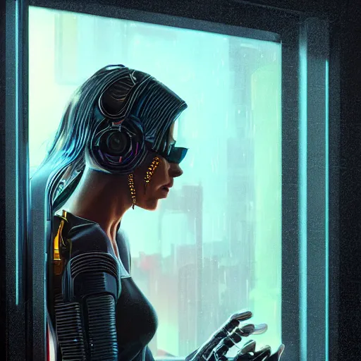 Image similar to portrait of cyberpunk woman looking out of a window, cyberpunk setting, futuristic, highly detailed, intricate lighting, digital painting, sharp focus, illustration, trending on artstation, art by chengwei pan.