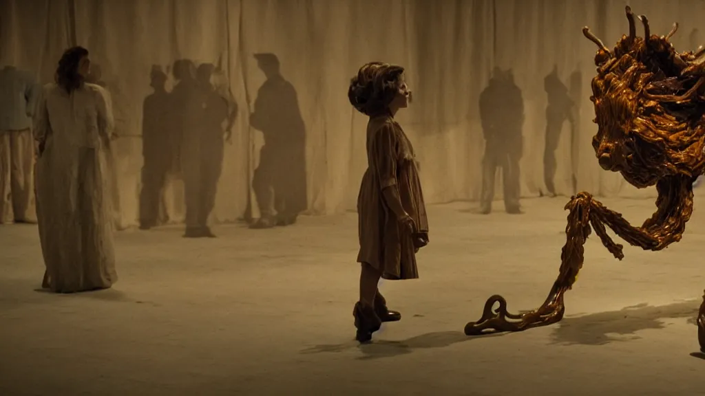 Prompt: the strange creature at the county fair, made of wax and oil, film still from the movie directed by Denis Villeneuve with art direction by Salvador Dalí, wide lens