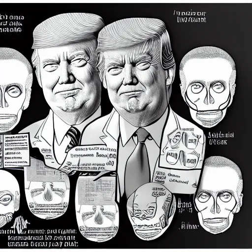 Image similar to scientific medical anatomy of Donald Trump, wearing adult diapers, different styles of art, very detailed, technical drawing,