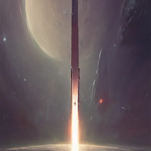 Image similar to concept art of a large space vessel in the shape of an spear by greg rutkowski