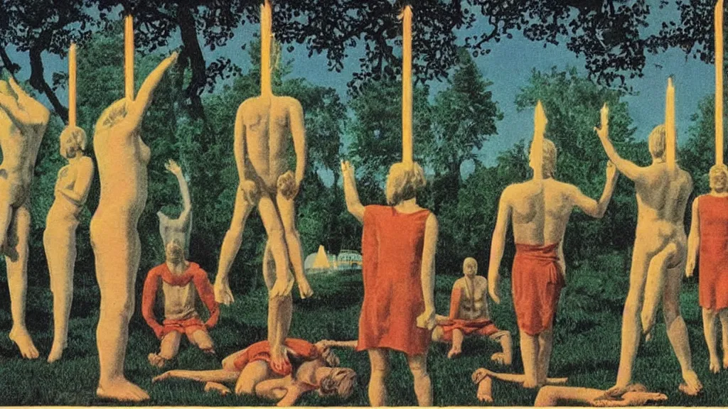 Image similar to A vintage scientific illustration from the 1970s of a Swedish cult performing a human sacrifice to the gods during the midsummer festival in Sweden in the summer on the meadows by René Magritte