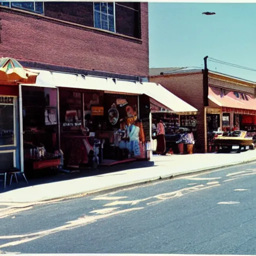 Prompt: « summer, sunny day, 1 9 8 0 years, usa, street view with shops markets »