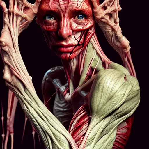 Image similar to female elf with translucent skin, visible muscles and veins and arteries and bones and spine and nerves, beautiful detailed intricate insanely detailed octane render, 8K artistic photography, photorealistic, chiaroscuro, by David Cronenberg, Raphael, Caravaggio