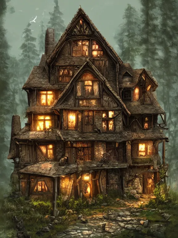 Image similar to old house in the woods, highly detailed, digital art, sharp focus, raytracing, trending on art station, warhammer fantasy setting,