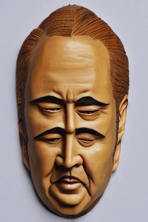 Image similar to Portrait of Nicholas Cage, colored Japanese wood carving