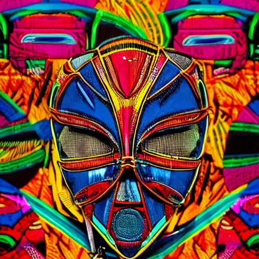 Prompt: a close up of a catchers mask on a colorful african textile background, cyberpunk art by esao and pablo amaringo, featured on behance, orphism, behance hd, kinetic, trance compilation cd