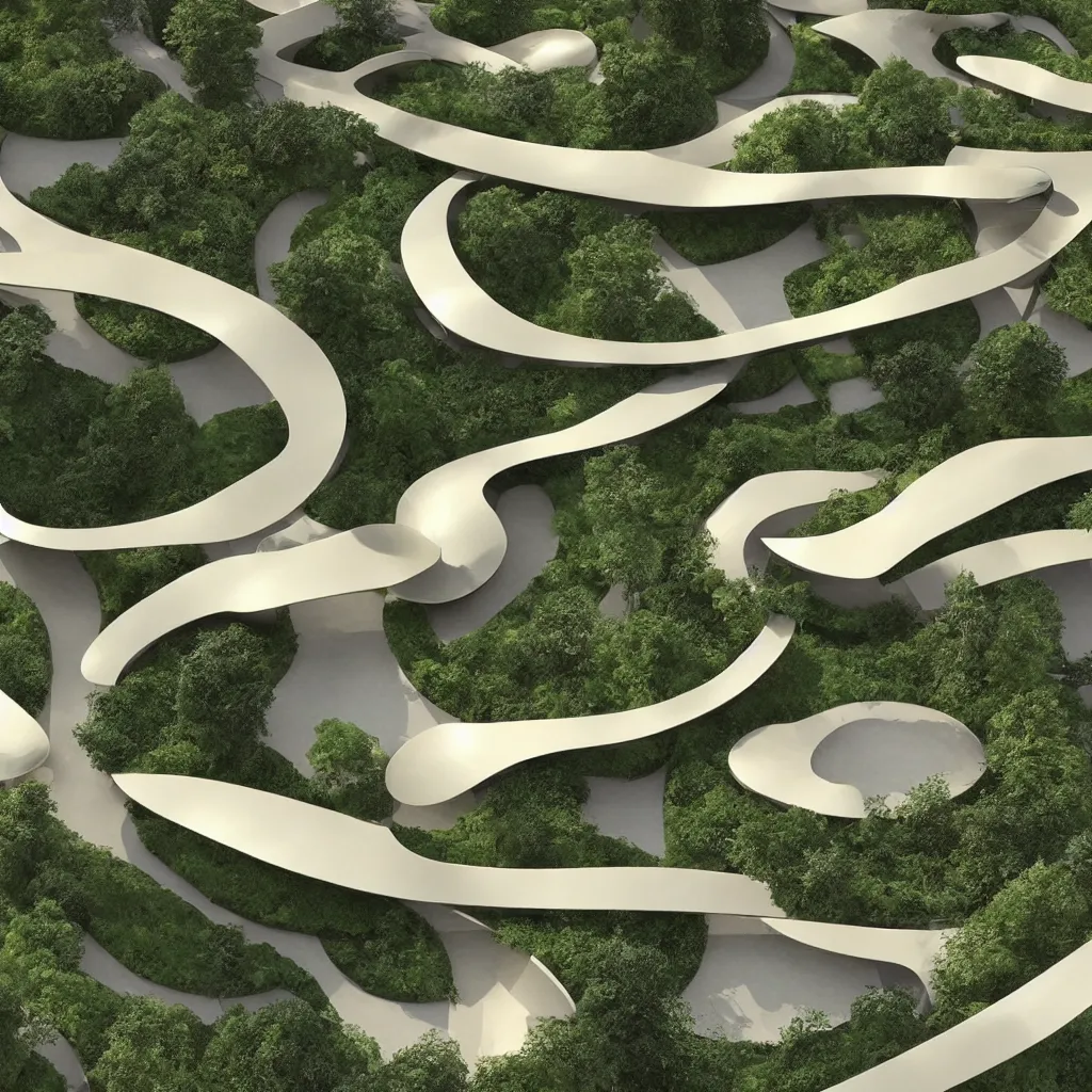 Image similar to “ a incredible smooth curvilinear architectural sculpture, unfolding continuous golden surfaces enclose a visually interesting garden designed by zaha hadid, architecture render ”
