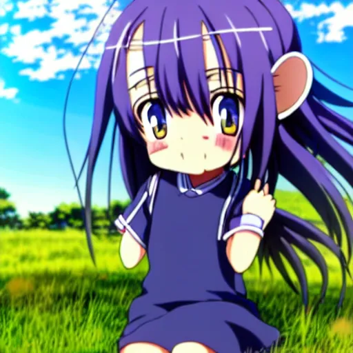 Prompt: A cute little anime girl with long indigo colored hair, wearing a school soccer uniform, in a large grassy green field, petting a cat, shining golden hour, she has detailed black and purple anime eyes, extremely detailed cute anime girl face, she is happy, child like, near a Japanese shrine, screenshot from the anime Higurashi, visible pupils