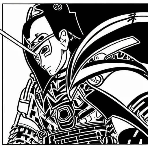 Image similar to a post - modern samurai cyborg in manga style, manga, black and white, japanese, action portrait art