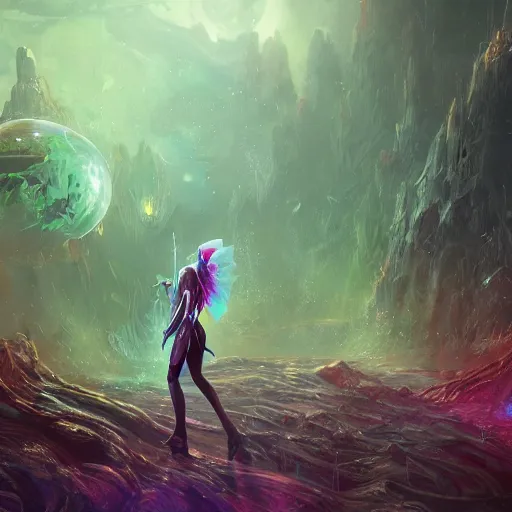 Image similar to ultra realistic illustration of android fairy, alien homeworld, swamps, advanced technology, warframe, special effects, colorful lights, space ship in the distance, intricate, highly detailed, digital painting, artstation, concept art, smooth, sharp focus, illustration, art by artgerm and tim mcburnie and anato finnstark