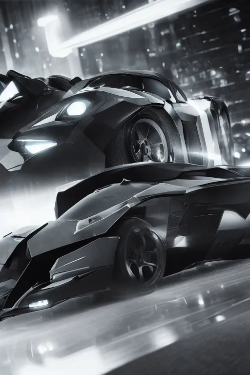 Prompt: the batmobile driving through a futuristic city. fluorescent light. pov from behind the wheel. octane render. 8 k. monochrome. black and white. mist. atmospheric. cinematic.