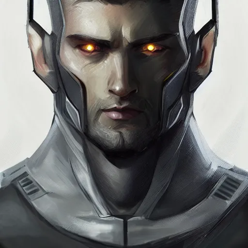 Image similar to a portrait of a tall muscular man with short grey hair and a tactical suit on, D&D, sci-fi, elegant, hopeful, muscular, highly detailed, digital painting, artstation, concept art, smooth, sharp focus, illustration