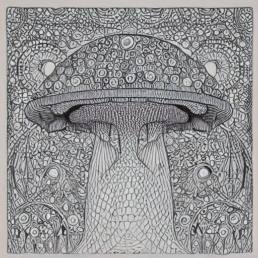 Image similar to Geometrically surreal Mushroom, extremely high detail, photorealistic, intricate line drawings, dotart, album art in the style of James Jean