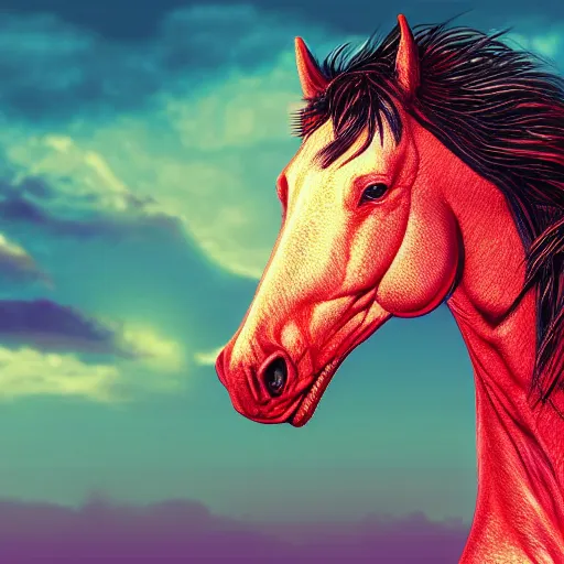 Prompt: digital horse, 4 k, retrowave palette, highly detailed, anatomically correct equine, synth feel, smooth face, ear floof, flowing mane, no reins, super realism, accurate animal imagery, digital art