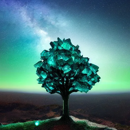 Image similar to dioptase crystal tree with a starry sky, 4 k, trending on artstation