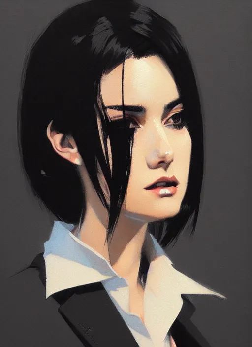 Image similar to ultradetailed beautiful panting of a stylish woman wearing a shirt with a tie, she has black hair, distressed, by ashley wood, ilya kuvshinov, greg rutkowski on artstation