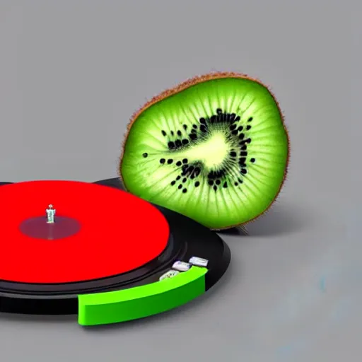 Image similar to a funny turntable with a needle on top of kiwi slice, a low poly render by tim biskup, featured on polycount, computer art, sketchfab, rendered in maya, voxel art