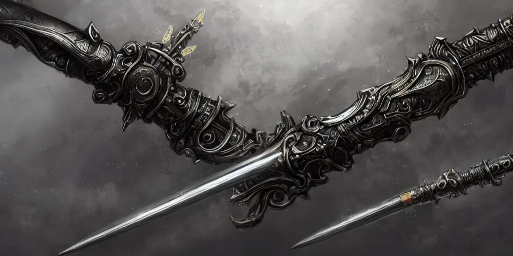 Image similar to legendary cybernetic full long sharp sword lying flat on a glowing table with a black and iridescent sword blade, digital award winning hd matte painting, intimate dark moody, intricate, ornate spikes, colorful gems on hilt, detailed realistic raytraced blade, future golden technological pommel, in the style of greg rutkowski and krenz cushart, deviantart