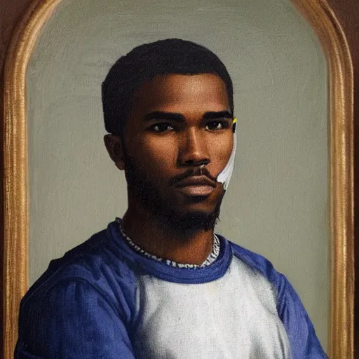 Image similar to a renaissance style portrait painting of frank ocean