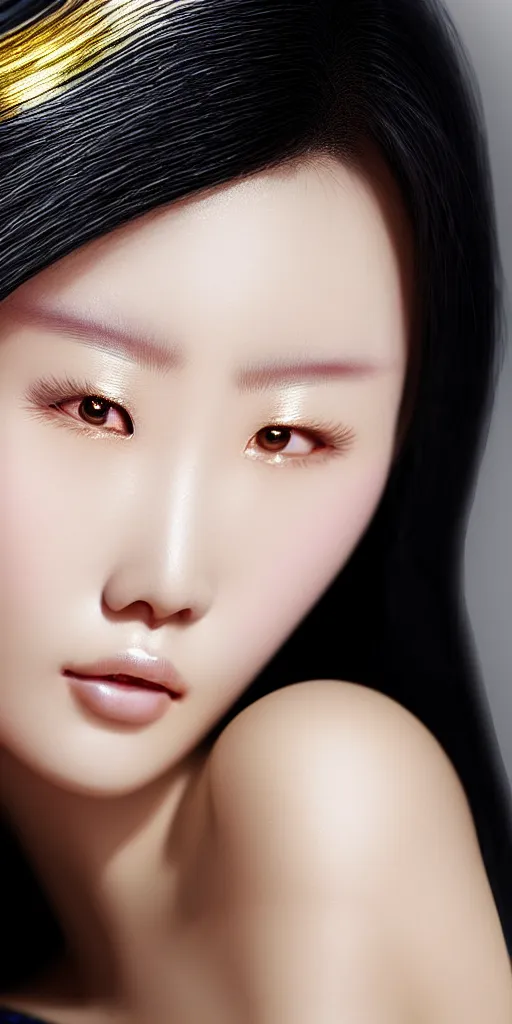 Image similar to hyperrealistic close-up of beautiful chinese woman with white hair and iridescent gold skin alberto mielgo