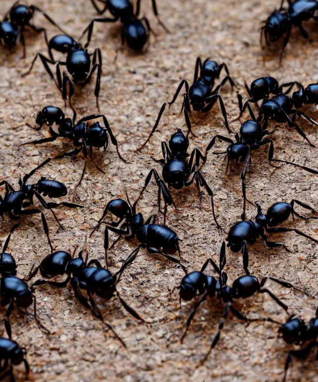 Image similar to high quality presentation photo of cute anthropomorphic black ants eating alien bugs, photography 4k f1.8 anamorphic bokeh 4k Canon Nikon