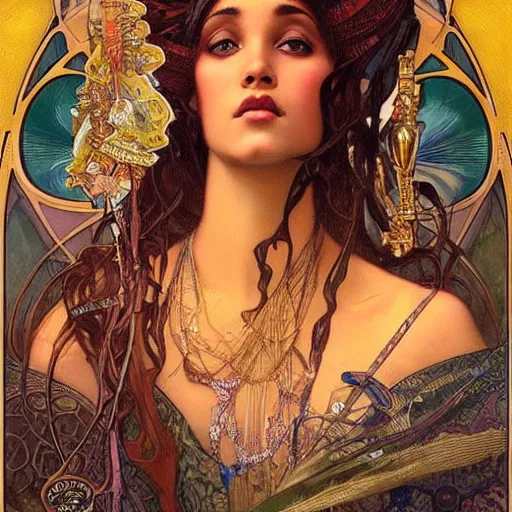 Prompt: realistic detailed face portrait of an African queen by Alphonse Mucha, Amano, Charlie Bowater, Karol Bak, Greg Hildebrandt, Jean Delville, and Mark Brooks, Art Nouveau, Neo-Gothic, gothic, rich deep moody colors