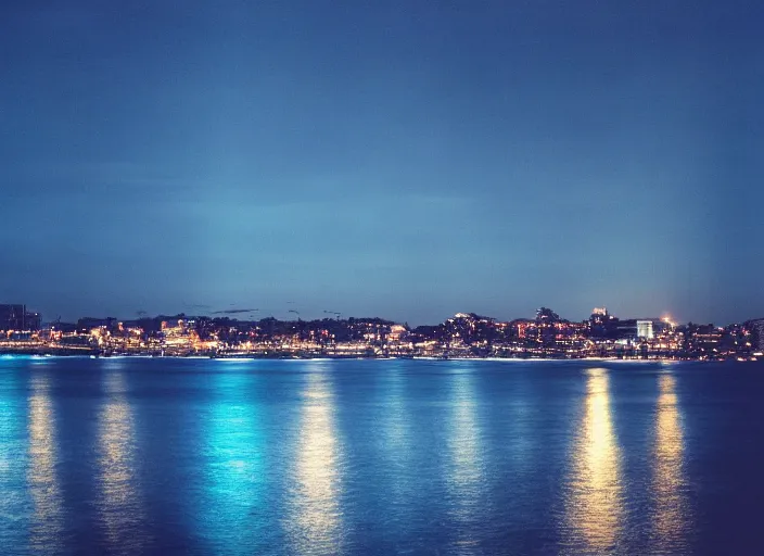 Image similar to photography, ocean at night, blue lighting, glowing city in the distance 35mm film,