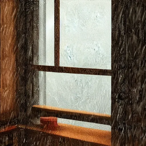 Prompt: torrential rain outside a cozy cabin window, digital art, artstation
