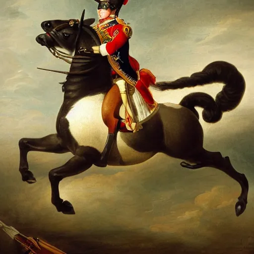 Prompt: french bulldog riding horse in battle like napoleon, painted by saint - bernard