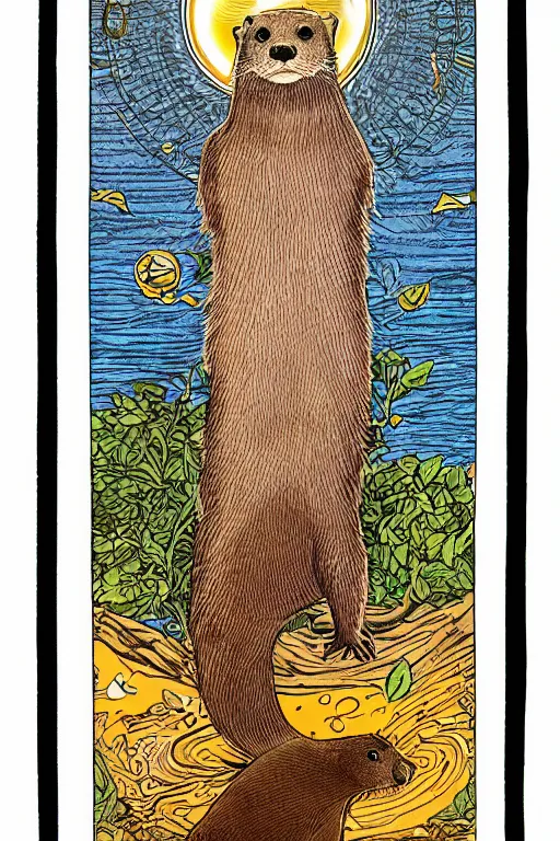 Image similar to tarot card illustration depicting an otter on the card tepmerance, framed in an elaborate line border, tarot card, detailed illustration, otter, furry art, artstation, 4 k