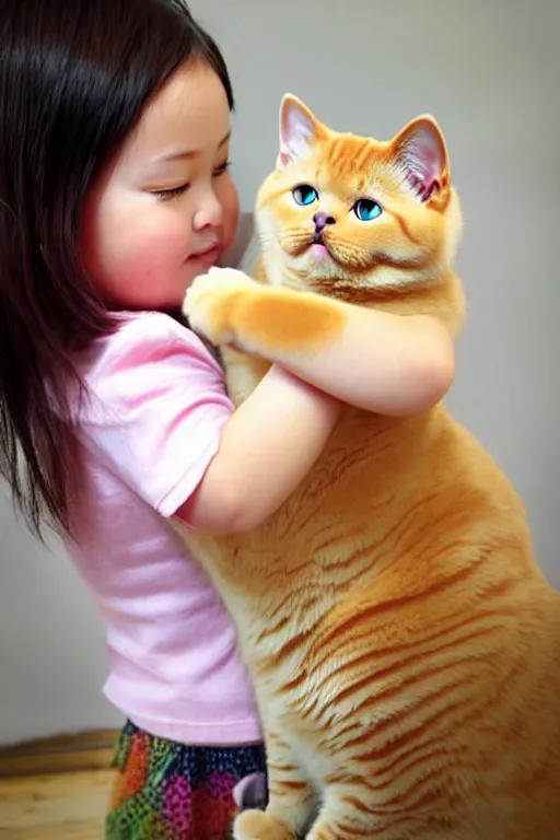 Prompt: a girl is playing with a cute golden shaded british shorthair cat, created by ryo