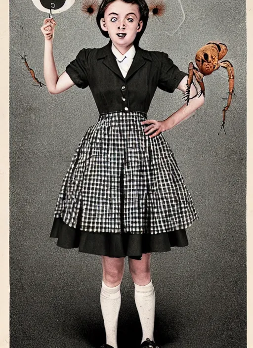 Prompt: portrait of a girl whose head is a comically large tarantula and whose body is dressed in a 1950s school dress, inspired by Mark Ryden and Marion Peck, hints of Cronenberg