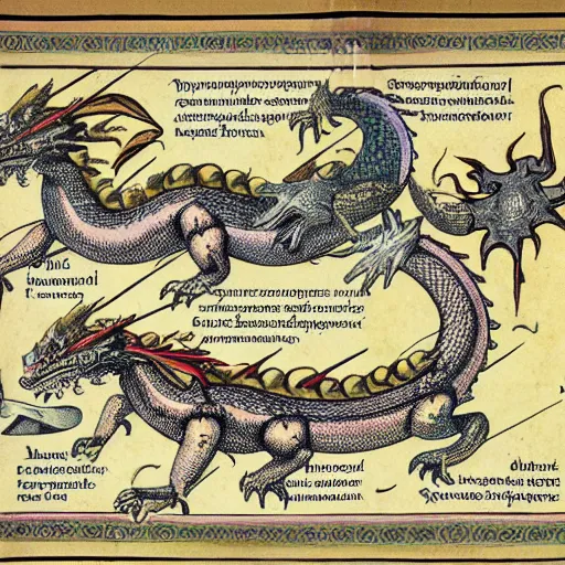 Image similar to scan of XVI century encyclopedia diagram presenting different dragon types, with informative text and diagrams