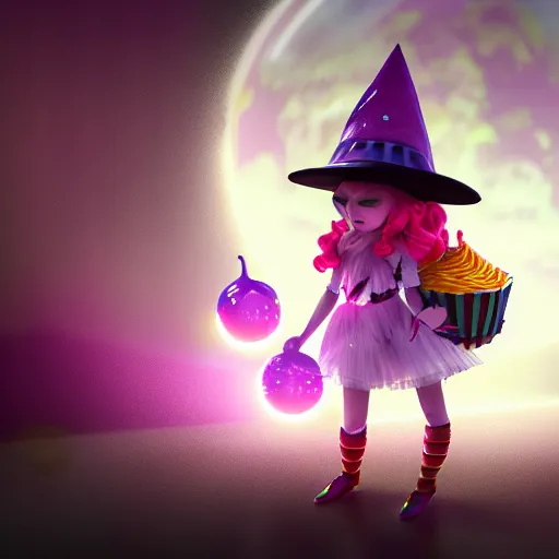 Image similar to candypunk young witch, character design, high quality digital art, render, octane, redshift, volumetric lighting, oled