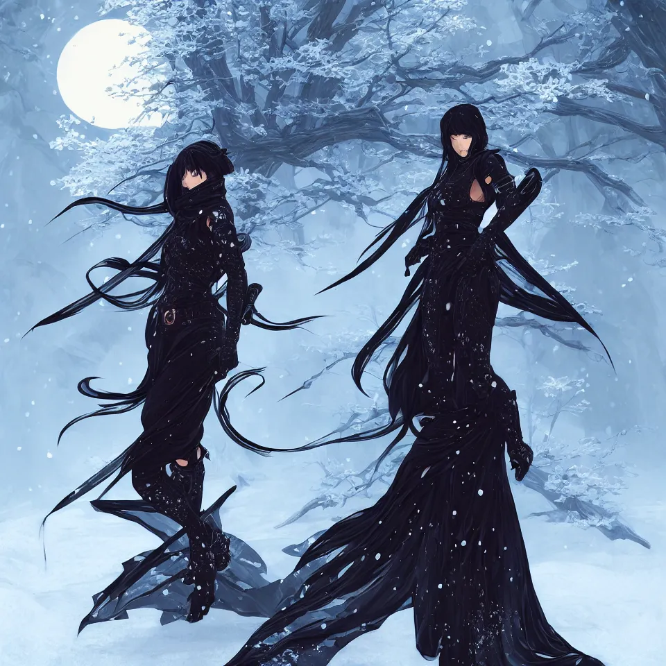 Image similar to portrait ninja gaiden girl, armored black plastic ninja wardrobe, at snowy fuji mountain moonlight, ssci - fi and fantasy, intricate and beautiful and elegant, digital painting, frostbite engine, artstation, concept art, smooth and sharp focus, illustration, art by tian zi and wlop and alphonse mucha