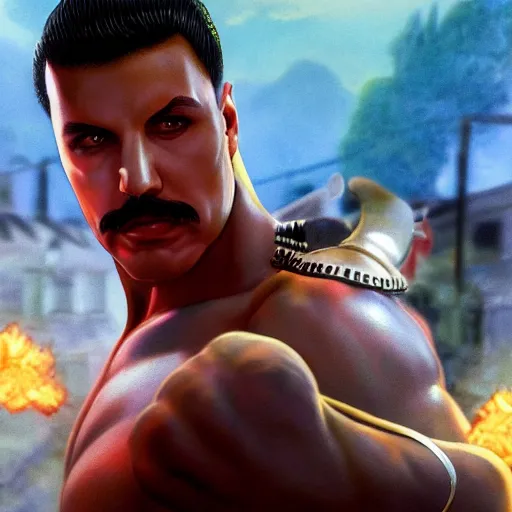 Image similar to freddy mercury as ken street fighter, uppercut, ultra realistic, concept art, intricate details, highly detailed, photorealistic, octane render, 8 k, unreal engine, art by frank frazetta, simon bisley, brom