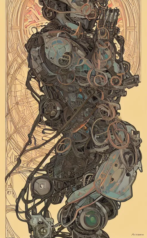 Image similar to upper half portrait of army mecha robot - wires and vines as poster design borders, art by alphonse mucha, highly detailed, digital painting, concept art, illustration, smooth sharp focus, intricate, symmetry, artstation, colourful,