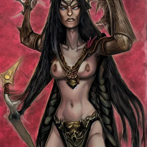 Image similar to dark elf megan kelly sorceress who is summoning a demon in the style of warhammer fantasy : : head and shoulders drawing