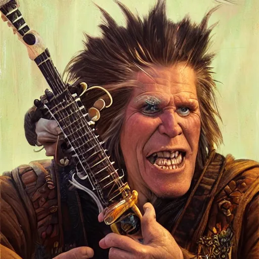 Image similar to detailed photo of a Half-orc bard portrayed by Gary Busey playing a lute on a wooden stage, 8k,by Tristan Eaton, Stanley Artgermm, Tom Bagshaw, Greg Rutkowski, Carne Griffiths, trending on DeviantArt, face enhance, hyper detailed ,full of color, dramatic lightning, epic stance