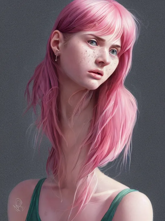 Image similar to beautiful russian girl with cute freckles and short faintly colored in pink hair and nose piercing, thin round earrings, winds of winter, au naturel, hyper detailed, digital art, trending in artstation, cinematic lighting, studio quality, smooth render, octane rendered, concept art, sharp focus, illustration, art by artgerm and greg rutkowski and wlop