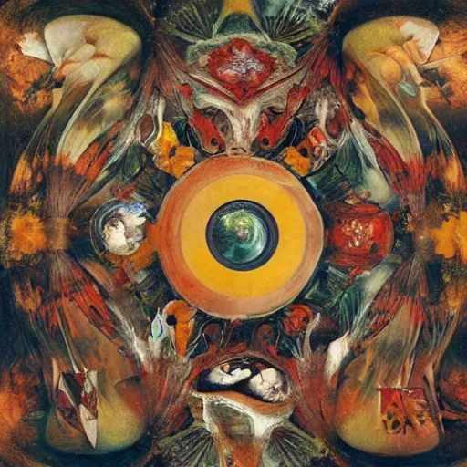 Image similar to an oil painting by arcimboldo, by georgia o keeffe, by botticelli, by giger, by frank frazetta seen through a kaleidoscope, kaleidoscope, broken, nerve system, medical