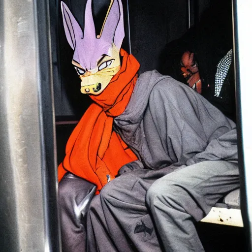 Image similar to homeless lord beerus, 1980s new york subway