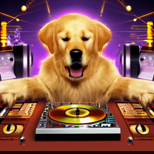 Prompt: a DJ Golden Retriever playing at a nightclub, digital art