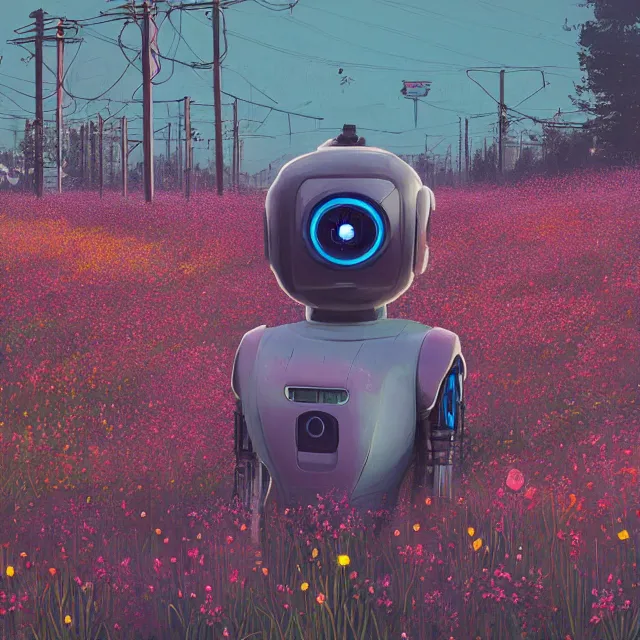 Prompt: a cyberpunk robot in a field of flowers by simon stalenhag